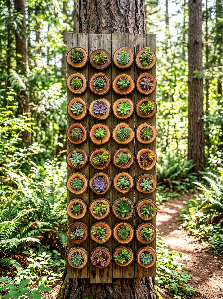 Log Slice Vertical Planter - 30 rustic vertical garden ideas