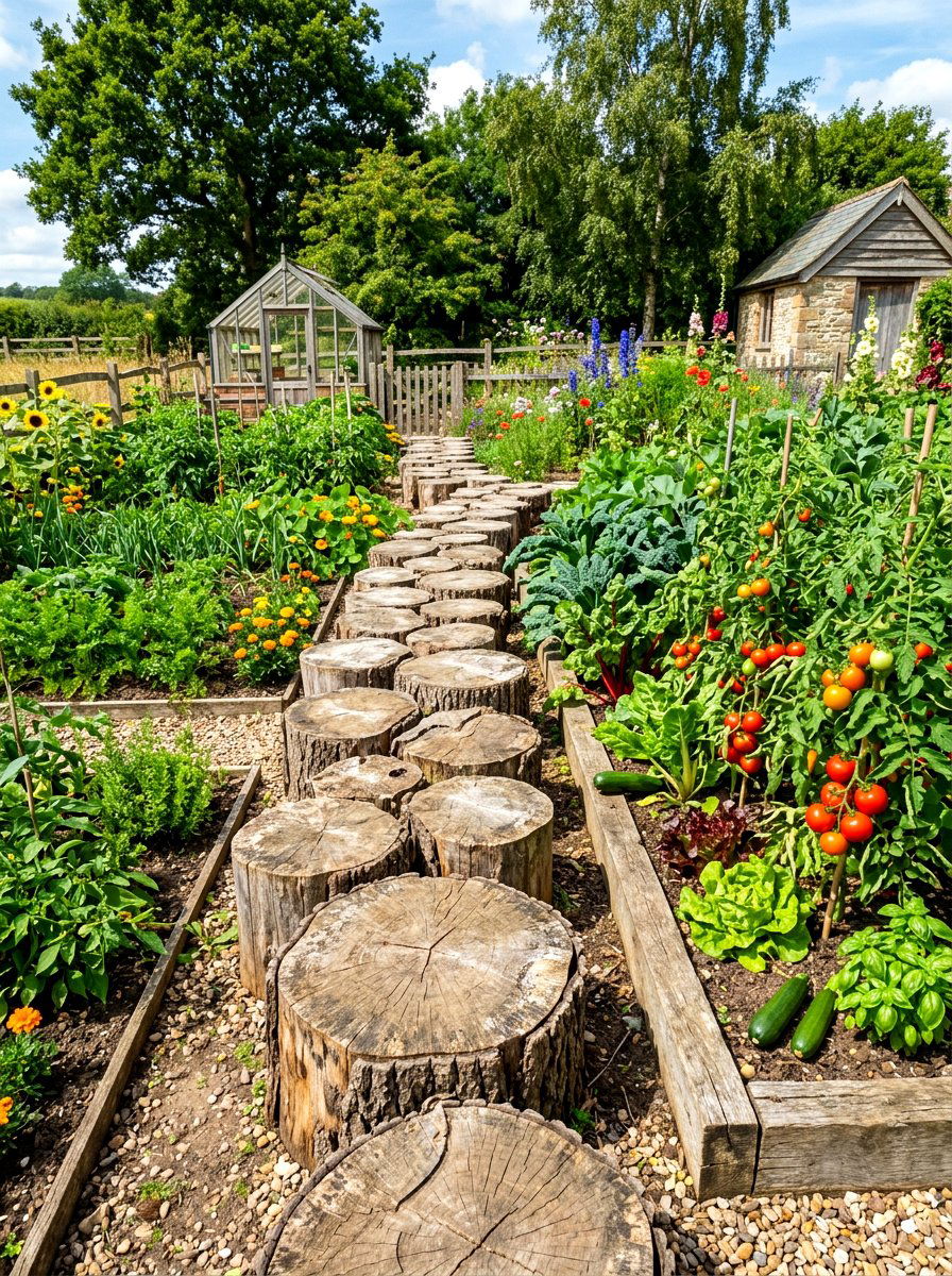 Log Slice Walkway - 30 vegetable garden path ideas