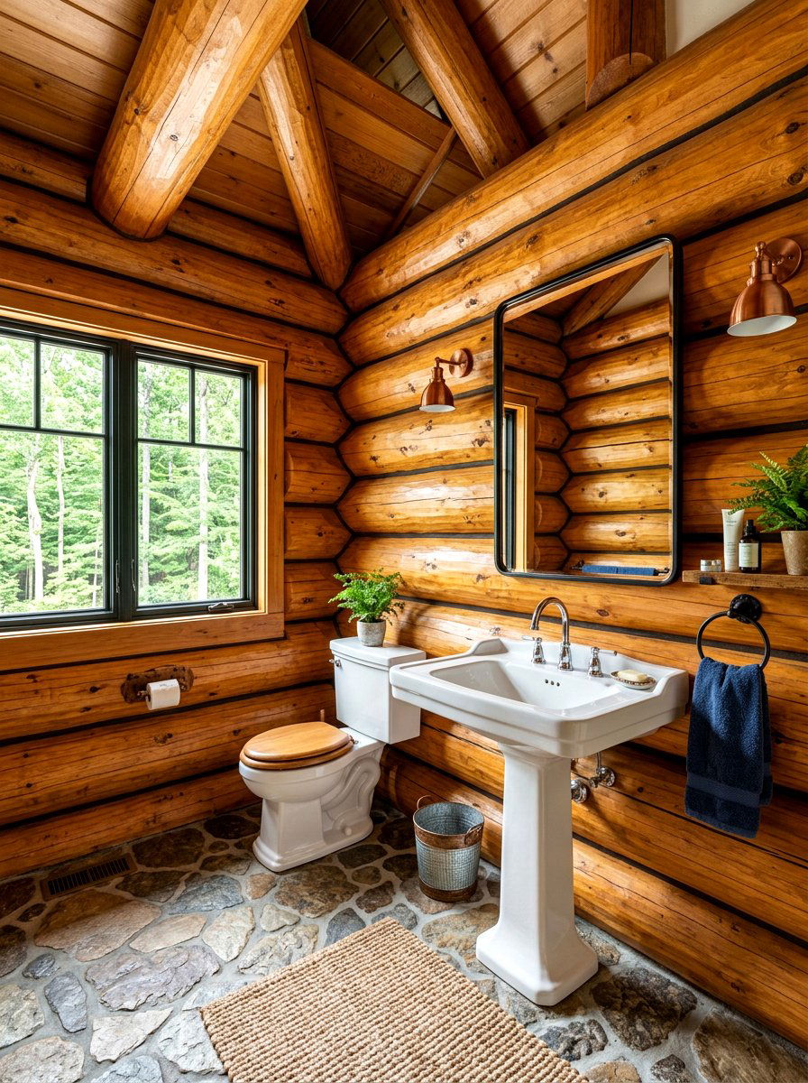 Log Wall Interior - 30 cabin bathroom ideas