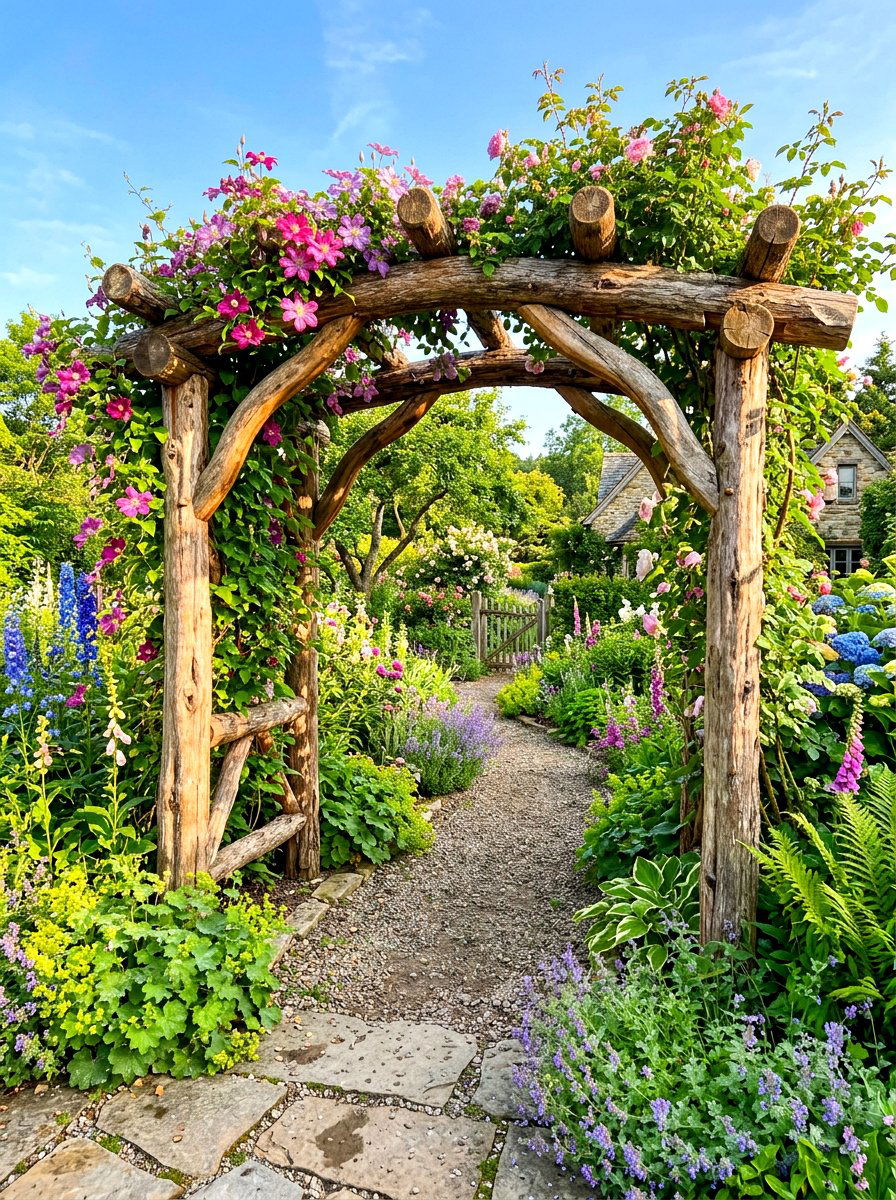 Log arbor - 30 cabin backyard landscaping ideas