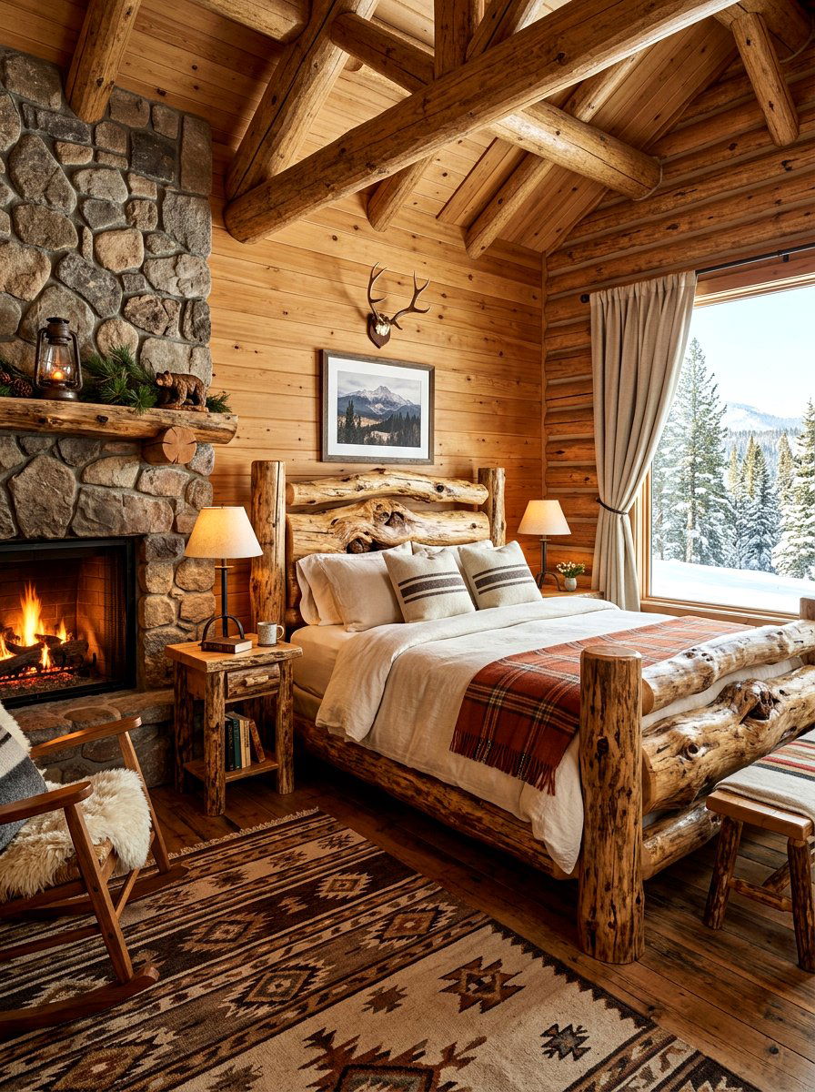 Log bed mountain bedroom - 30 mountain cabin bedroom ideas