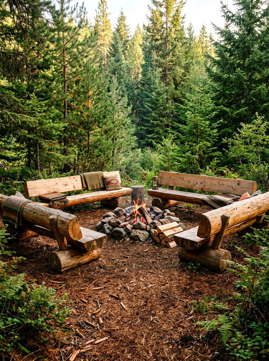 Log bench seating - 30 cabin backyard landscaping ideas