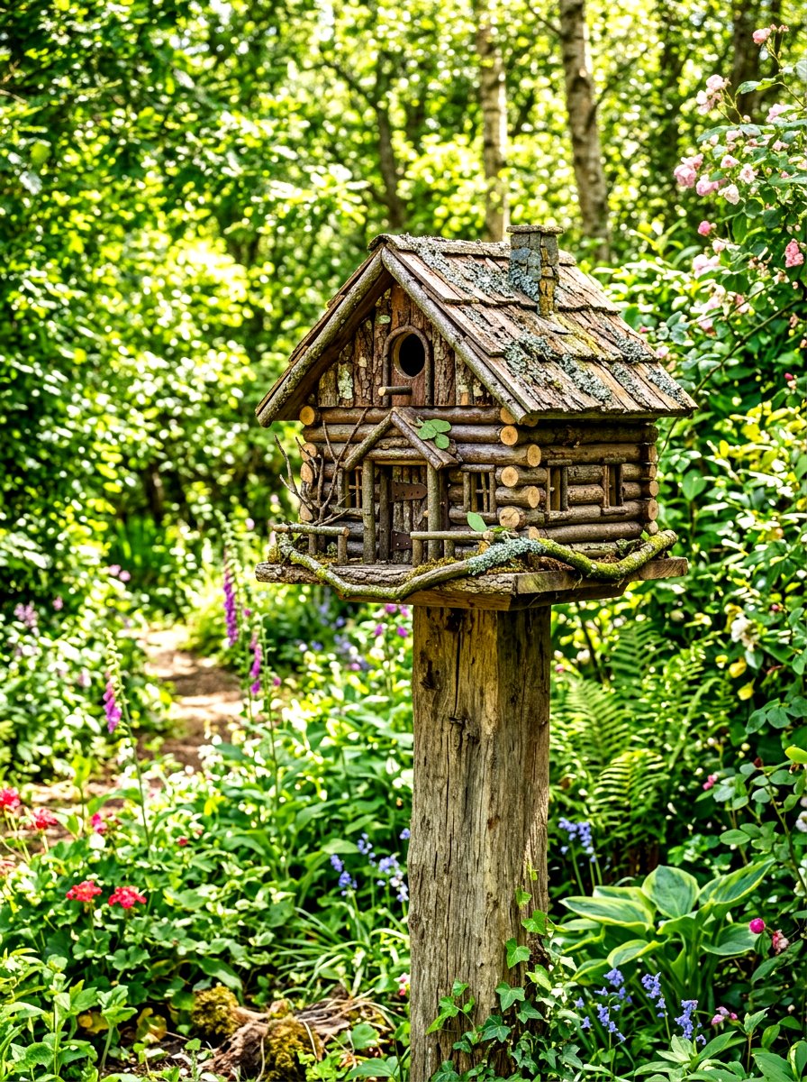 Log cabin birdhouse - 30 rustic garden ideas