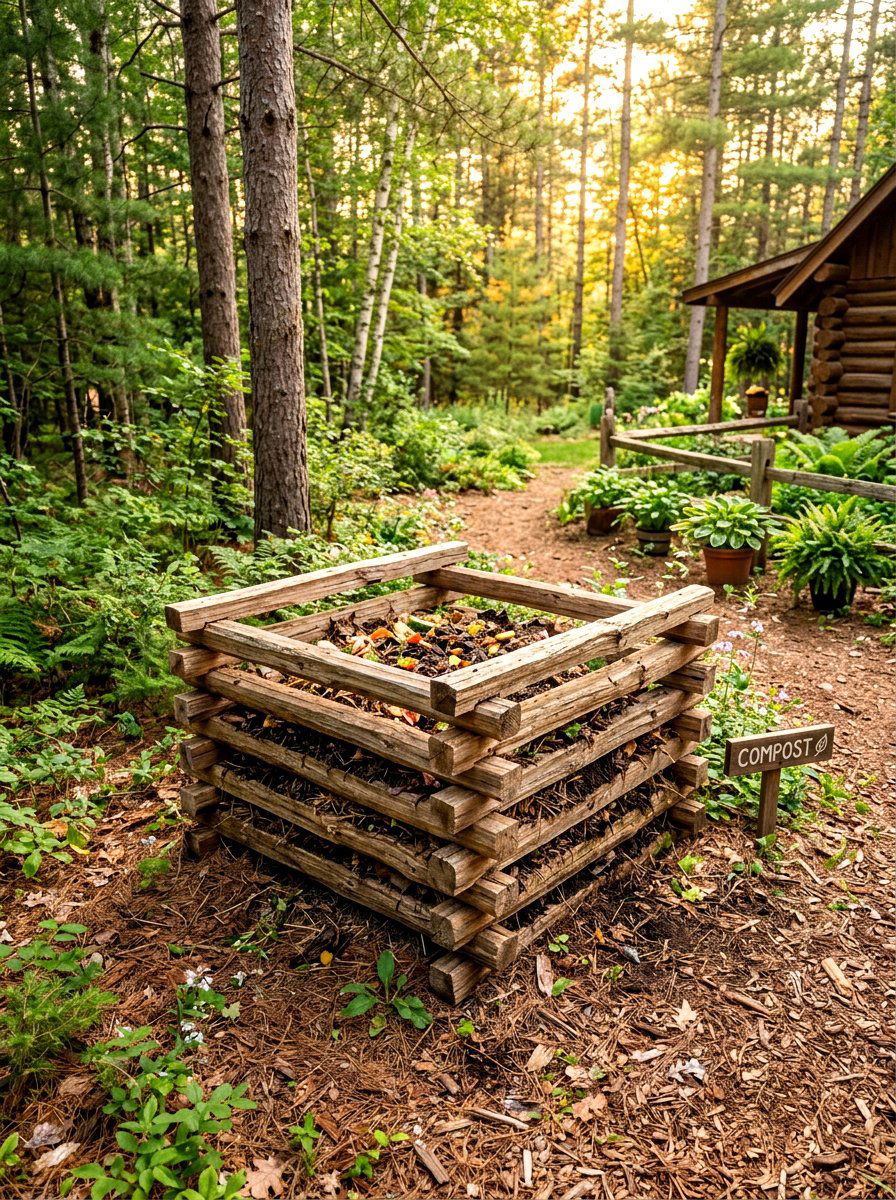 Log cabin compost heap - 30 compost corner garden ideas