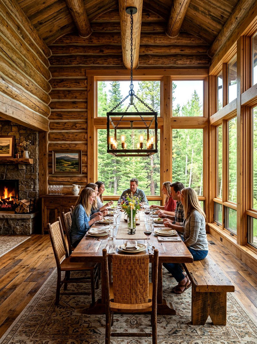 Log cabin dining area - 30 lake cabin decor ideas