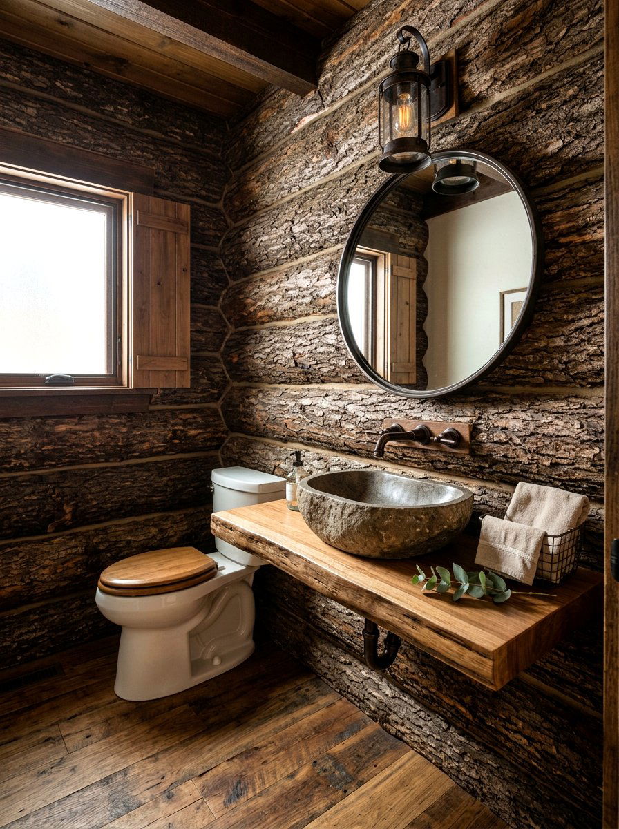 Log cabin powder room - 30 lodge bathroom ideas