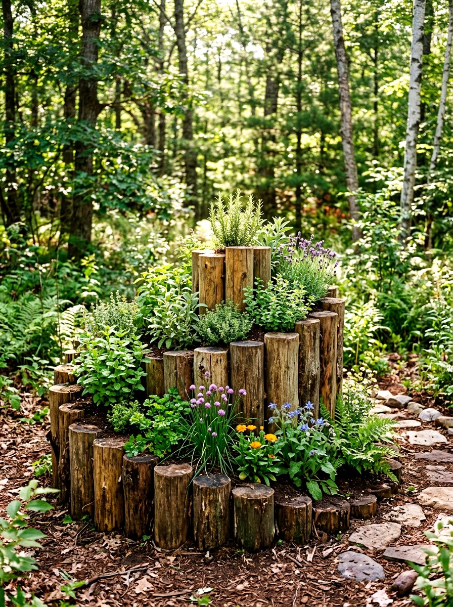 Log herb spiral - 30 raised herb spiral ideas