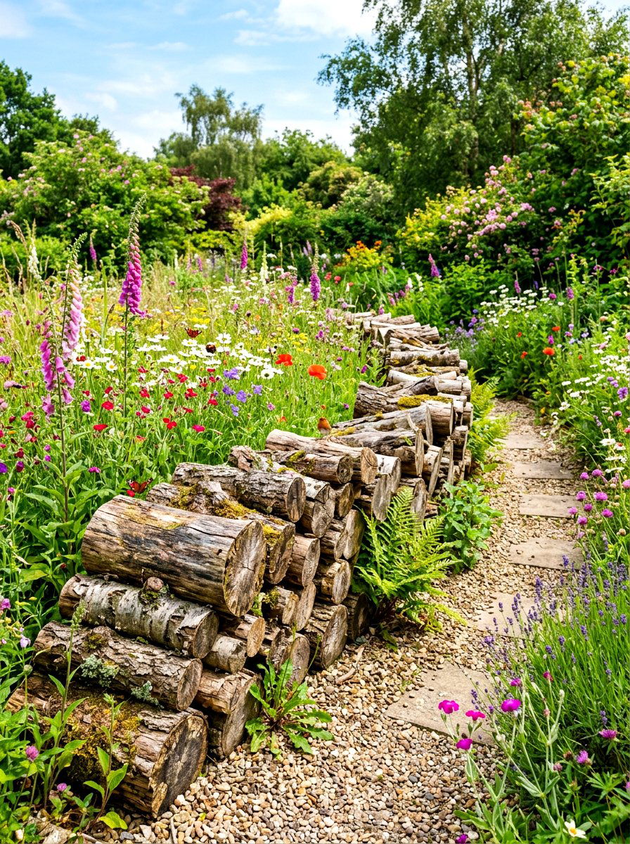 Log pile garden border - 30 bee garden border ideas