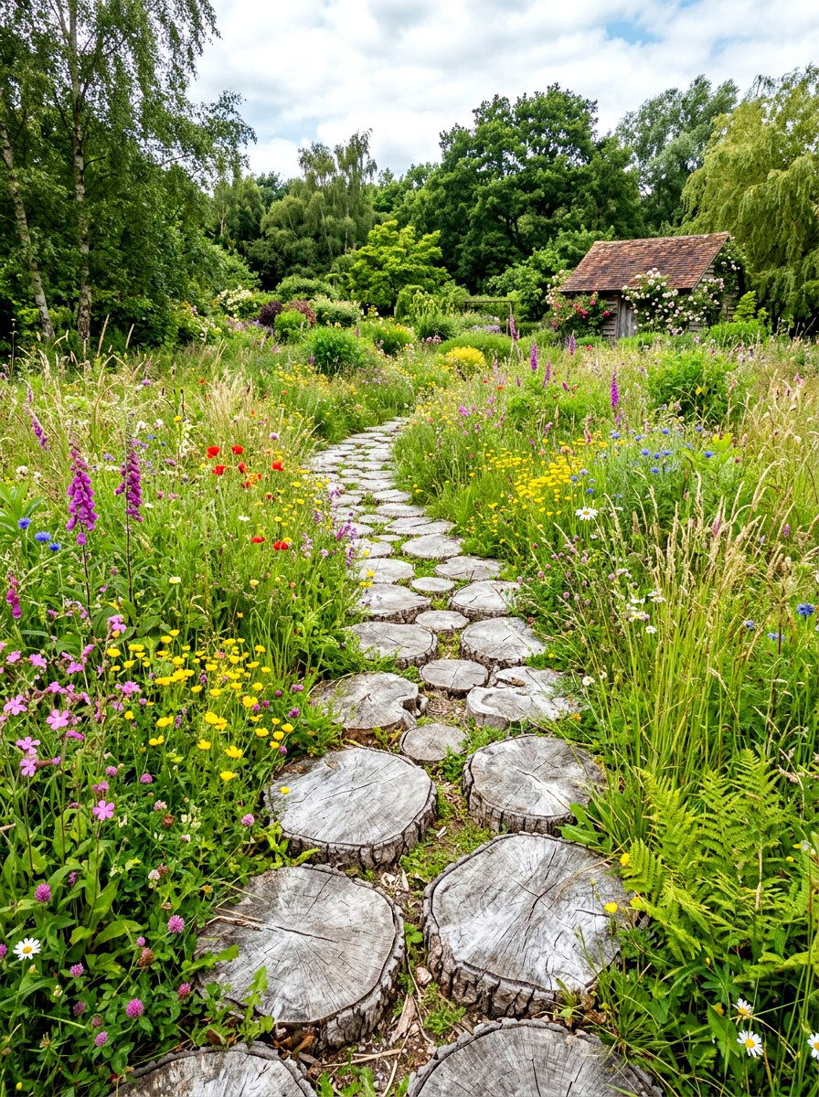Log slice garden path - 30 stepping stones through grass ideas