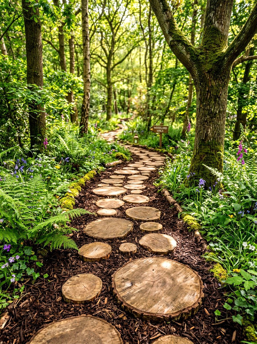 Log slice walkway - 30 woodland path ideas