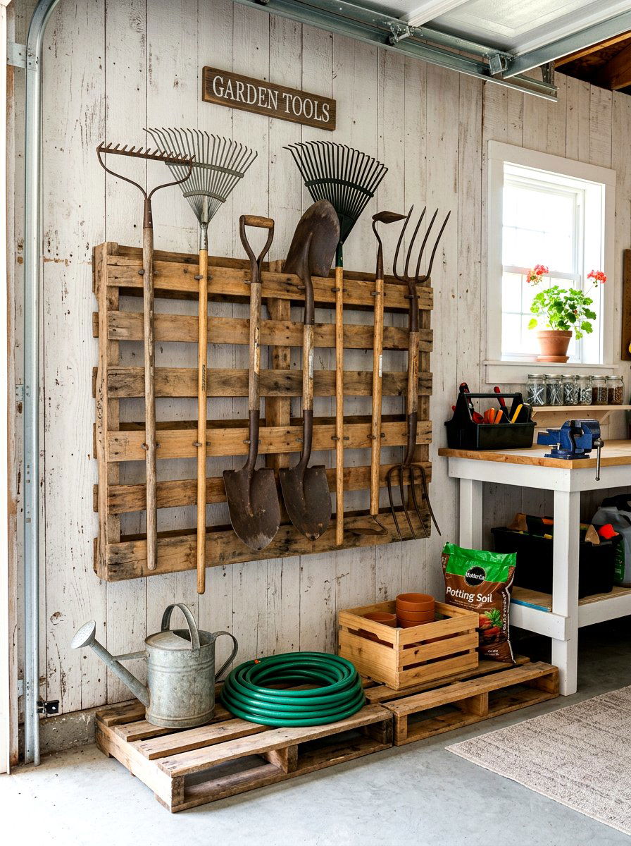 Long Handle Tool Storage With Pallets - 30 garage organization for small spaces ideas