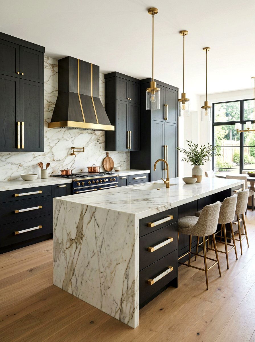 Long Marble Inlay Pulls Kitchen - 30 long pull cabinet ideas