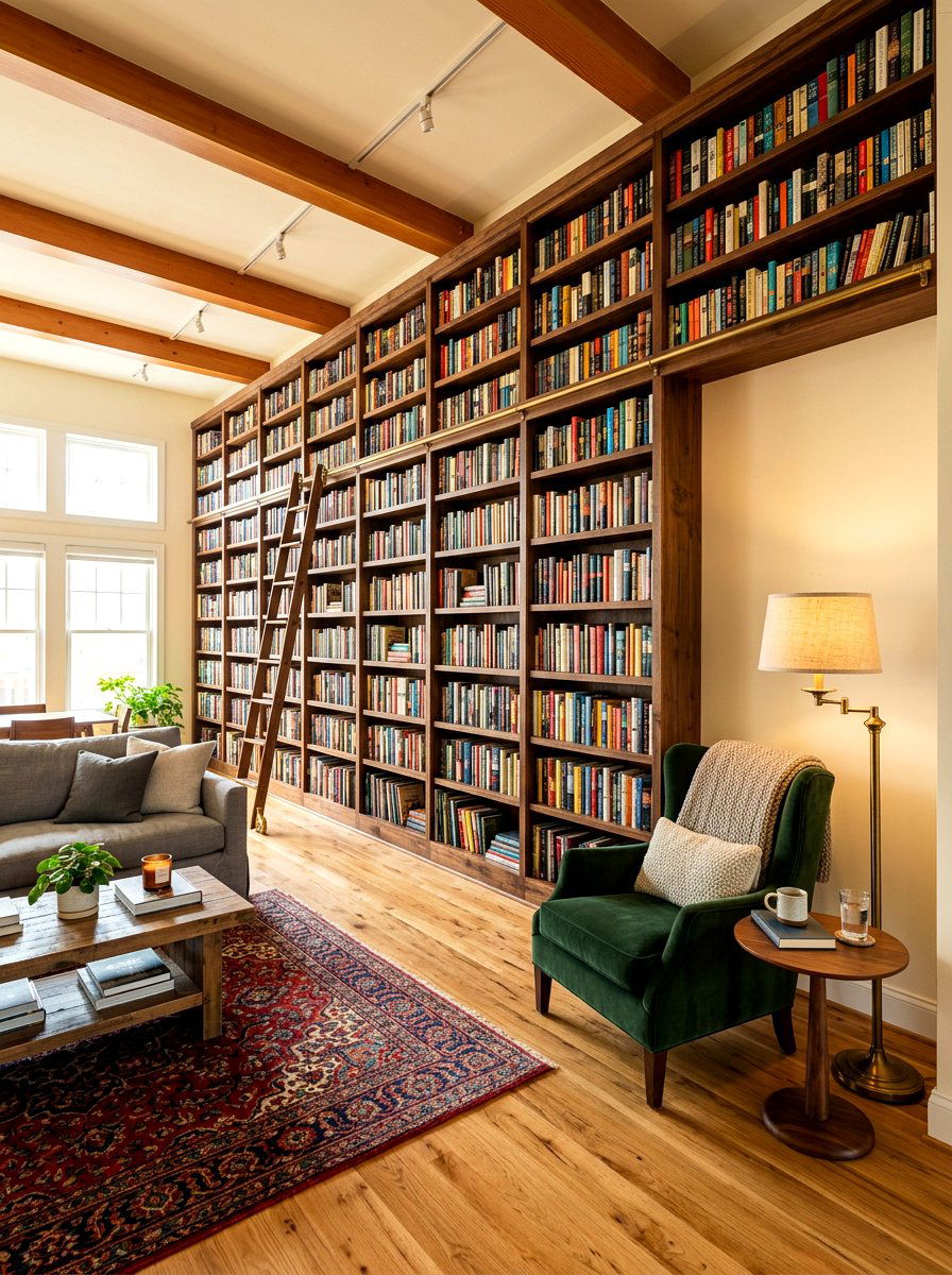 Long living room library wall - 30 long living room ideas
