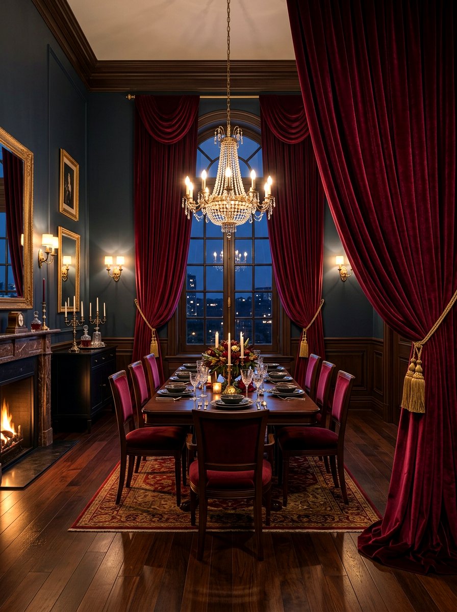 Long velvet curtains - 30 moody supper club dining ideas