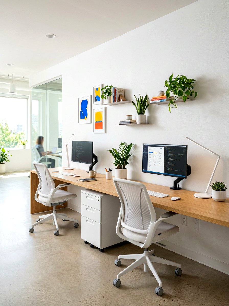 Long wall shared office desk - 30 double desk office ideas