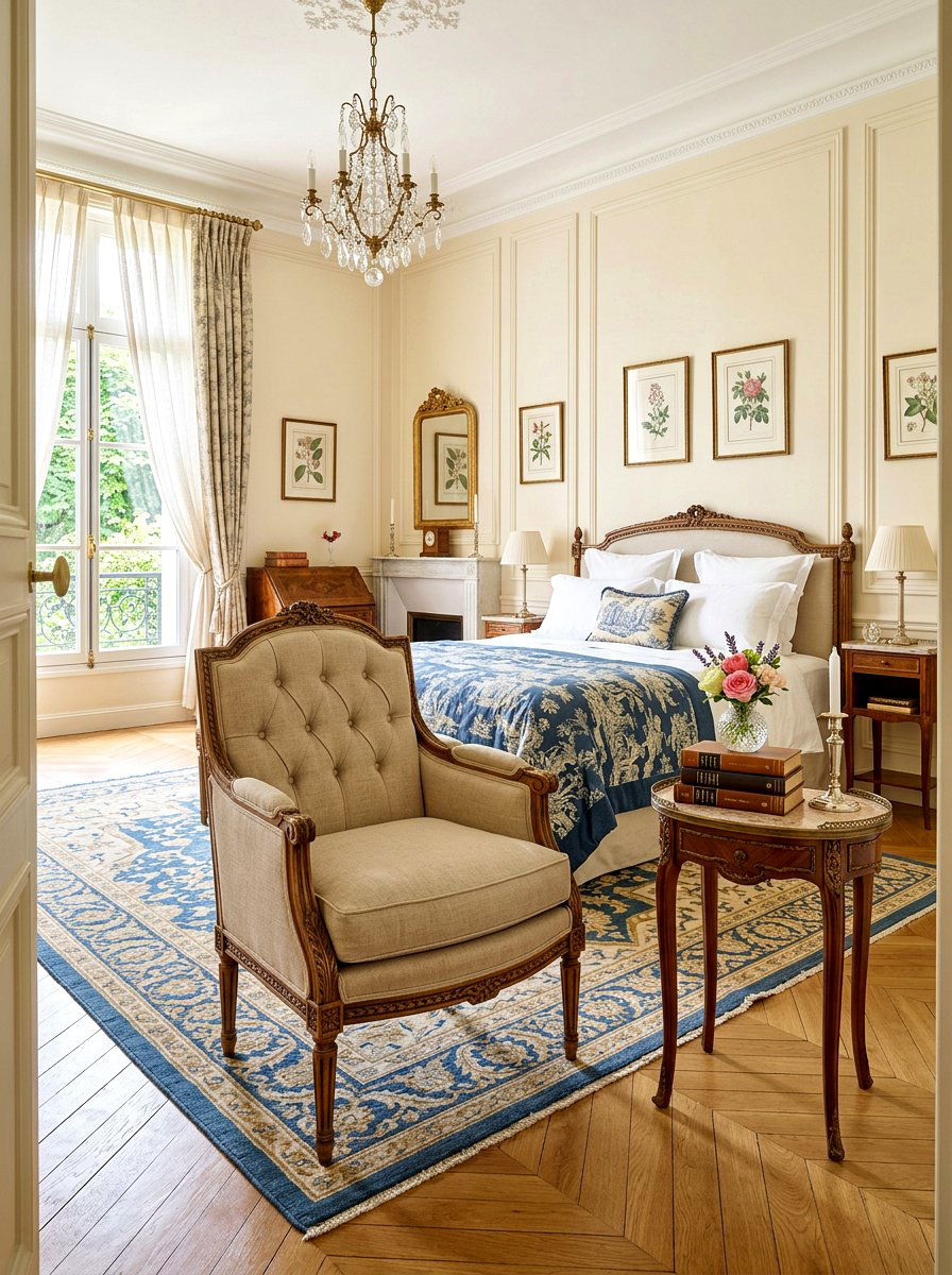 Louis XVI accent chair - 30 Parisian hotel bedroom ideas