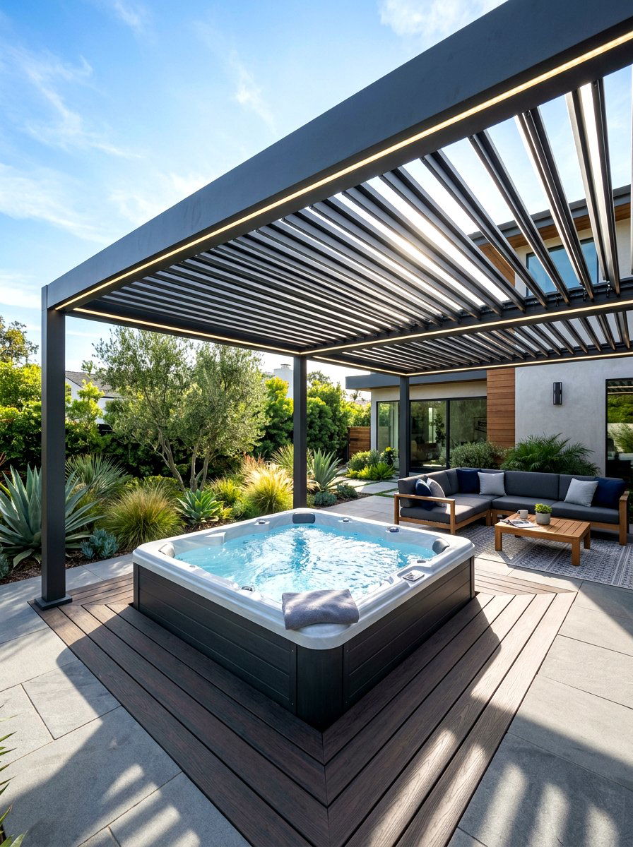 Louvered Pergola - 30 hot tub privacy ideas