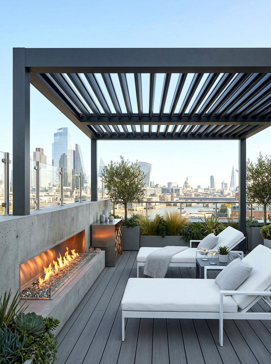 Louvered Roof Pergola Linear Fireplace - 30 pergola with fireplace ideas