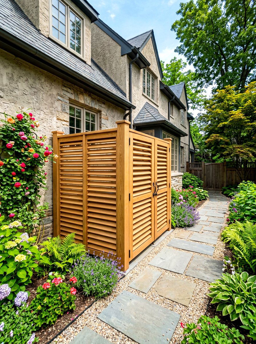 Louvered Wood Panel - 30 trash bin screen ideas