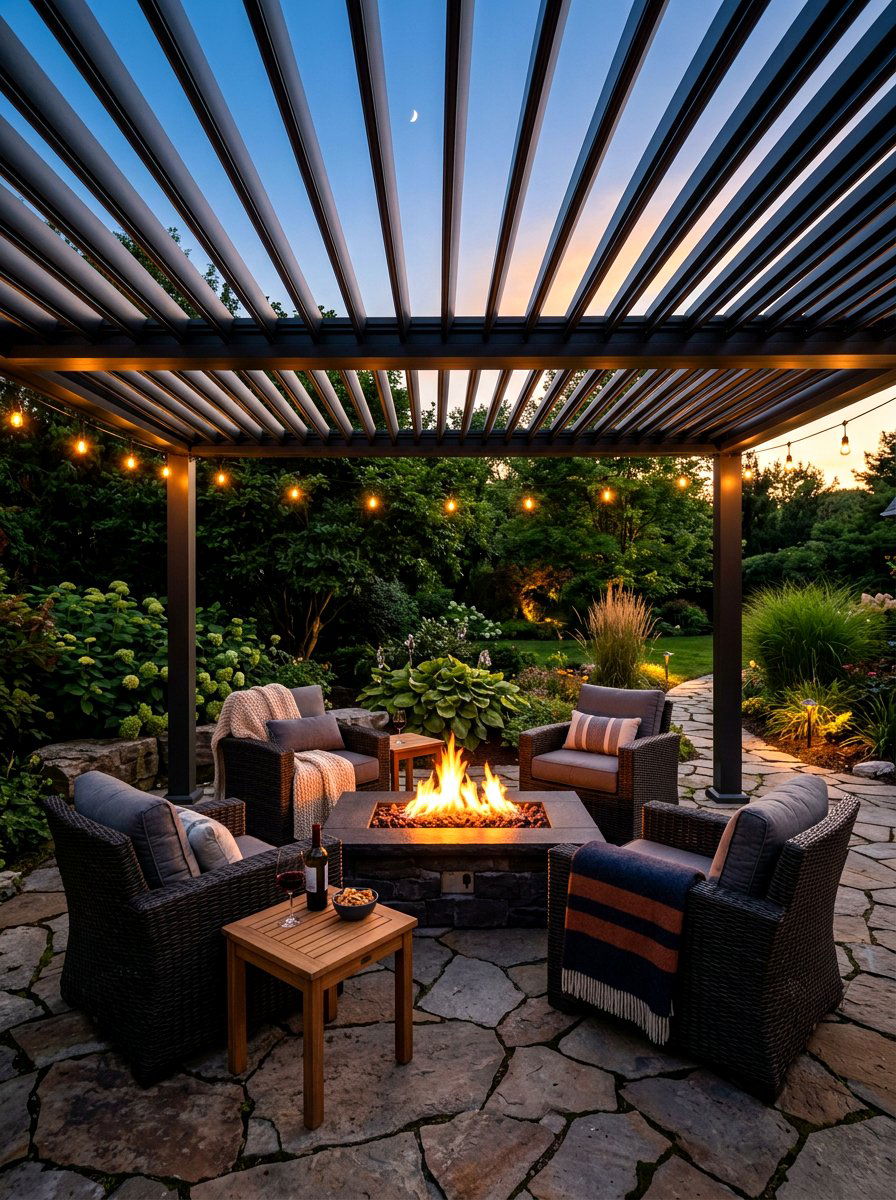 Louvered pergola with fire pit - 30 louvered pergola ideas