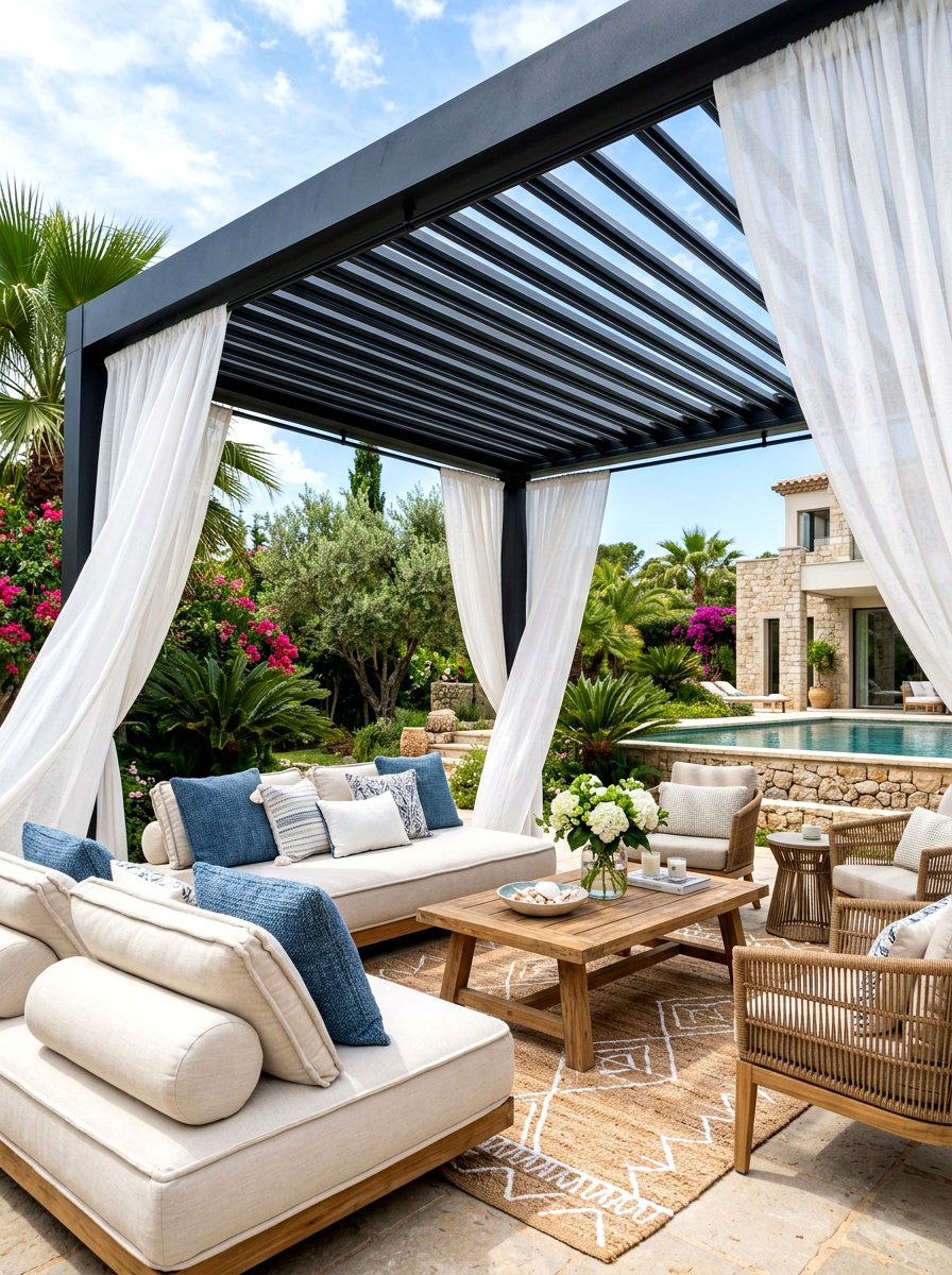 Louvered pergola with outdoor curtains - 30 louvered pergola ideas