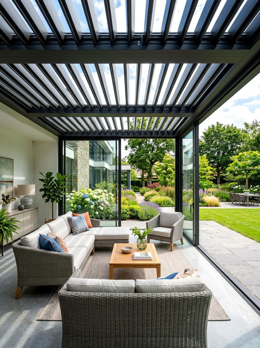 Louvered pergola with sliding glass doors - 30 louvered pergola ideas