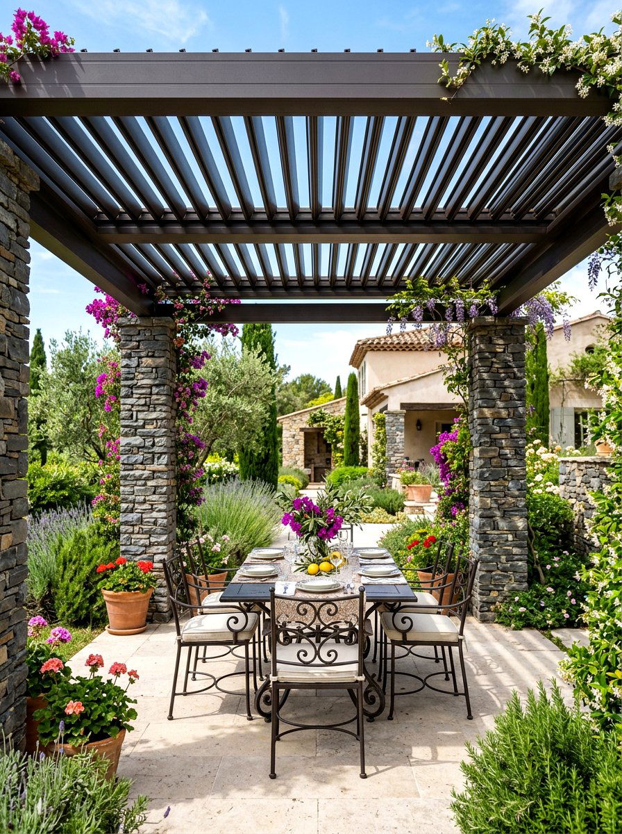 Louvered pergola with stone pillars - 30 louvered pergola ideas