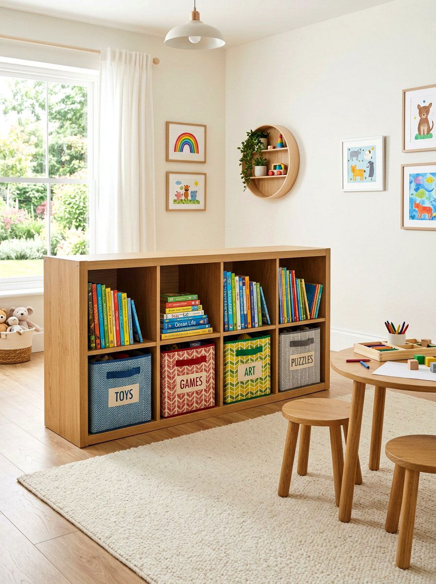 Low Horizontal Cubby Unit - 30 playroom bookshelf ideas