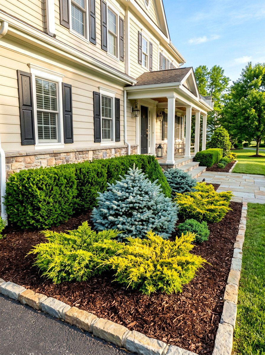 Low Maintenance Evergreen Foundations - 30 foundation flower bed ideas