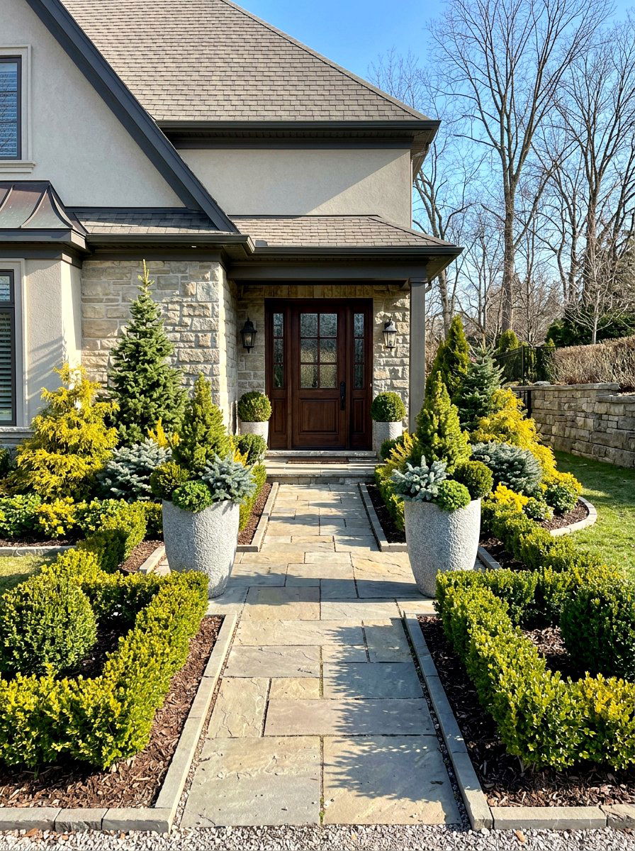Low Maintenance Evergreen Front Entrance - 30 front stoop garden ideas