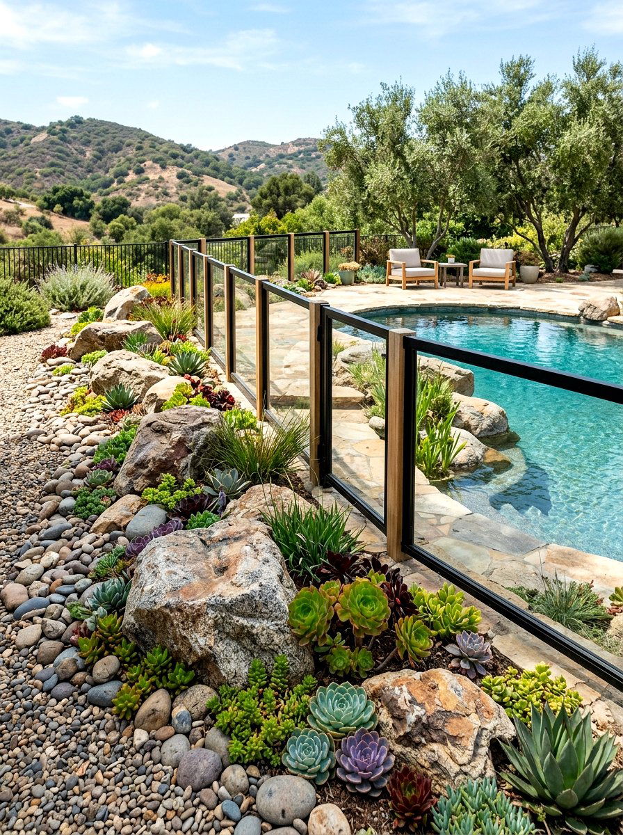 Low Maintenance Rock Garden - 30 pool fence landscaping ideas