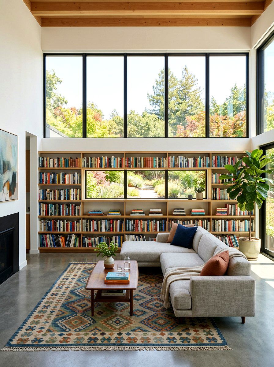 Low Profile Horizontal Book Wall - 30 book wall living room ideas