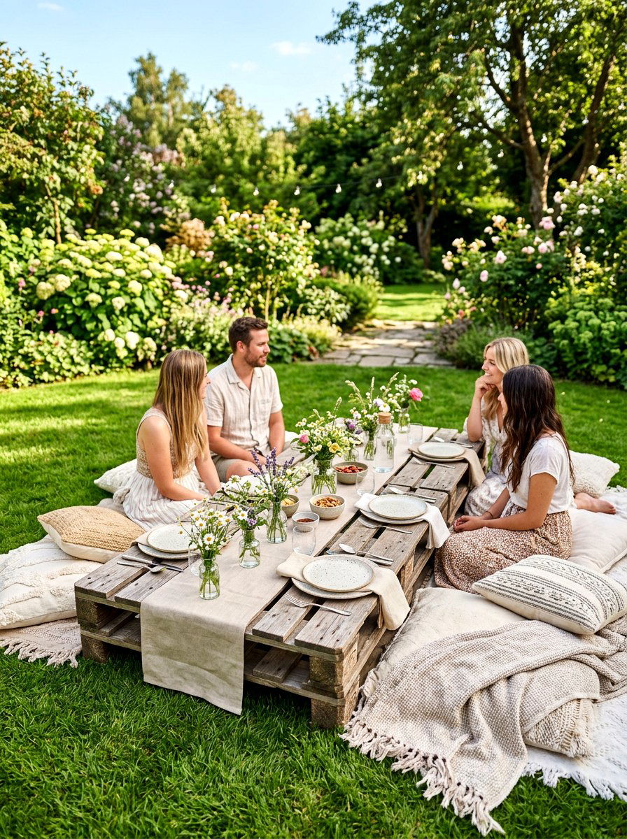 Low Wooden Picnic Table - 30 picnic party decor ideas
