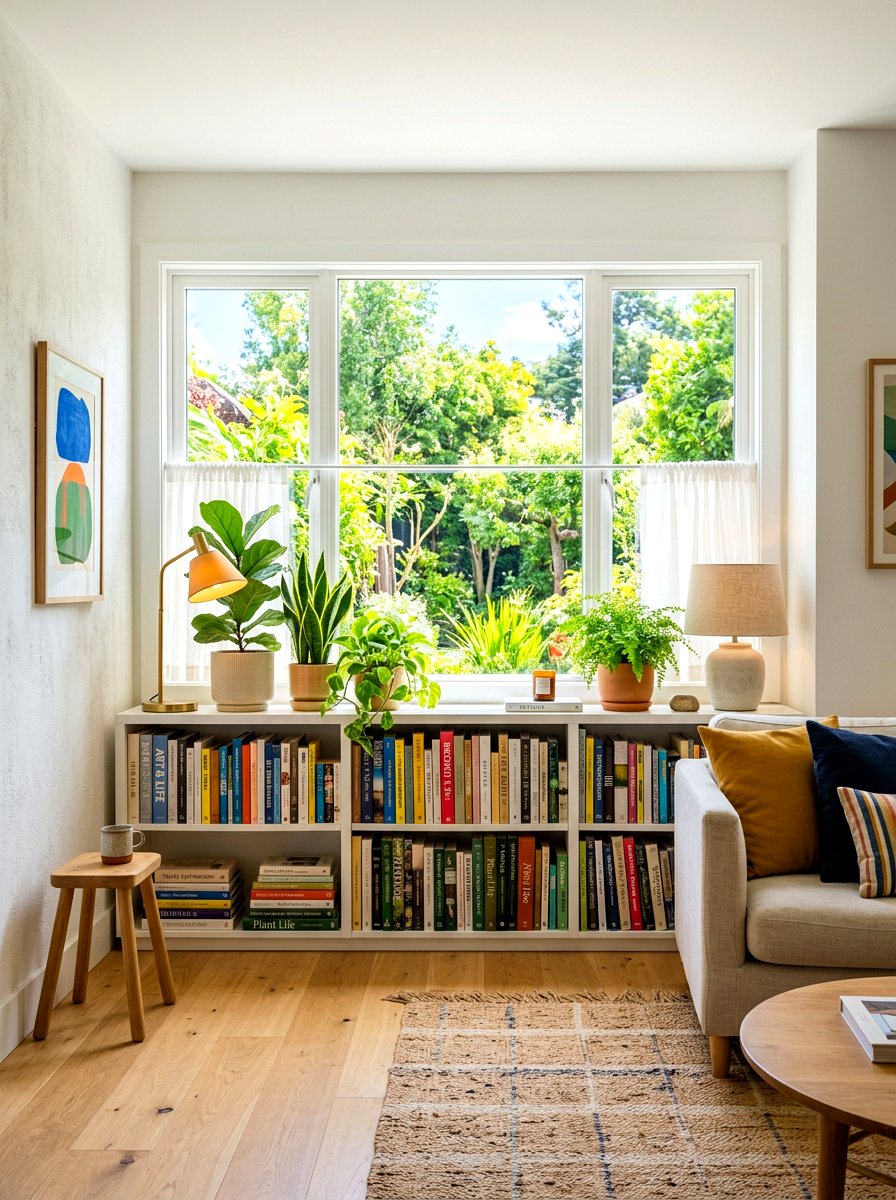 Low bookshelf under window - 30 bookshelf styling living room ideas