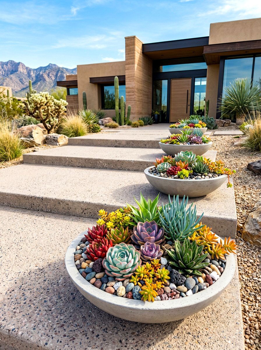 Low bowl succulent planters - 30 porch step planter ideas