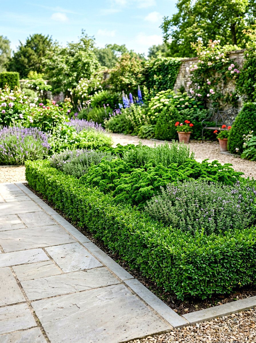 Low boxwood and herb combo - 30 herb patio border ideas