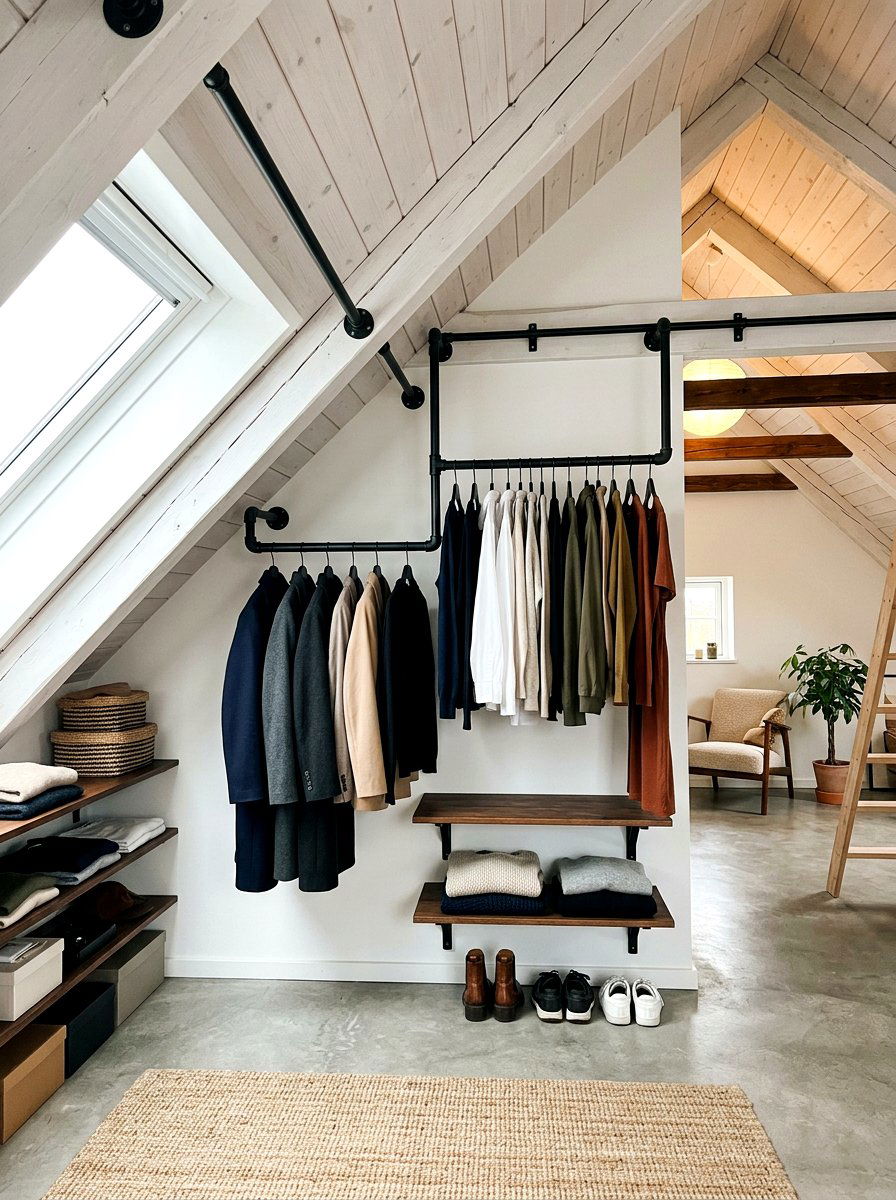 Low ceiling hanging rails - 30 attic bedroom storage ideas