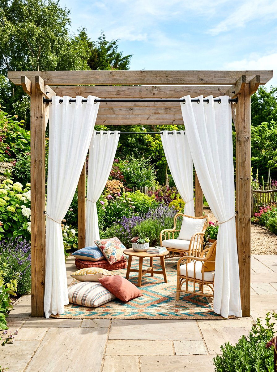 Low cost tension rod pergola - 30 pergola privacy curtain ideas