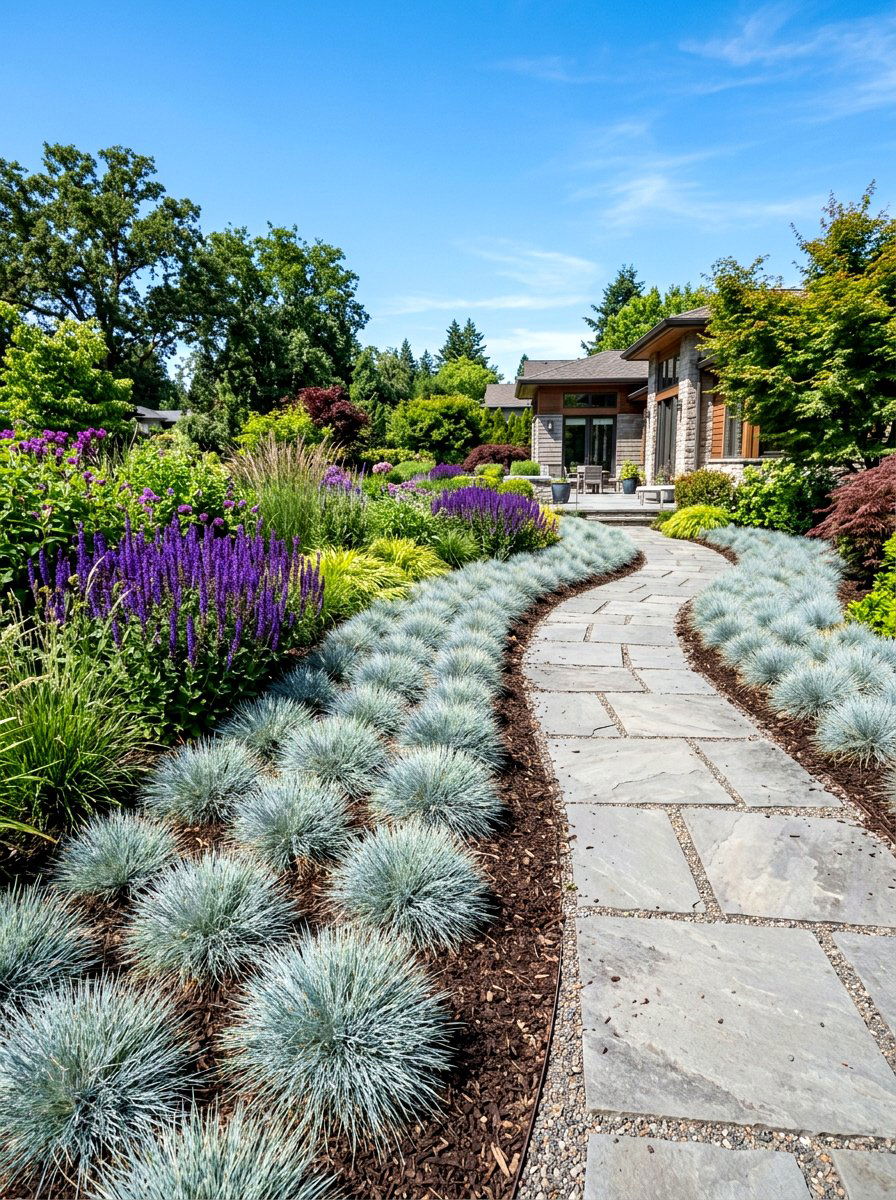 Low growing blue fescue border - 30 ornamental grass border ideas