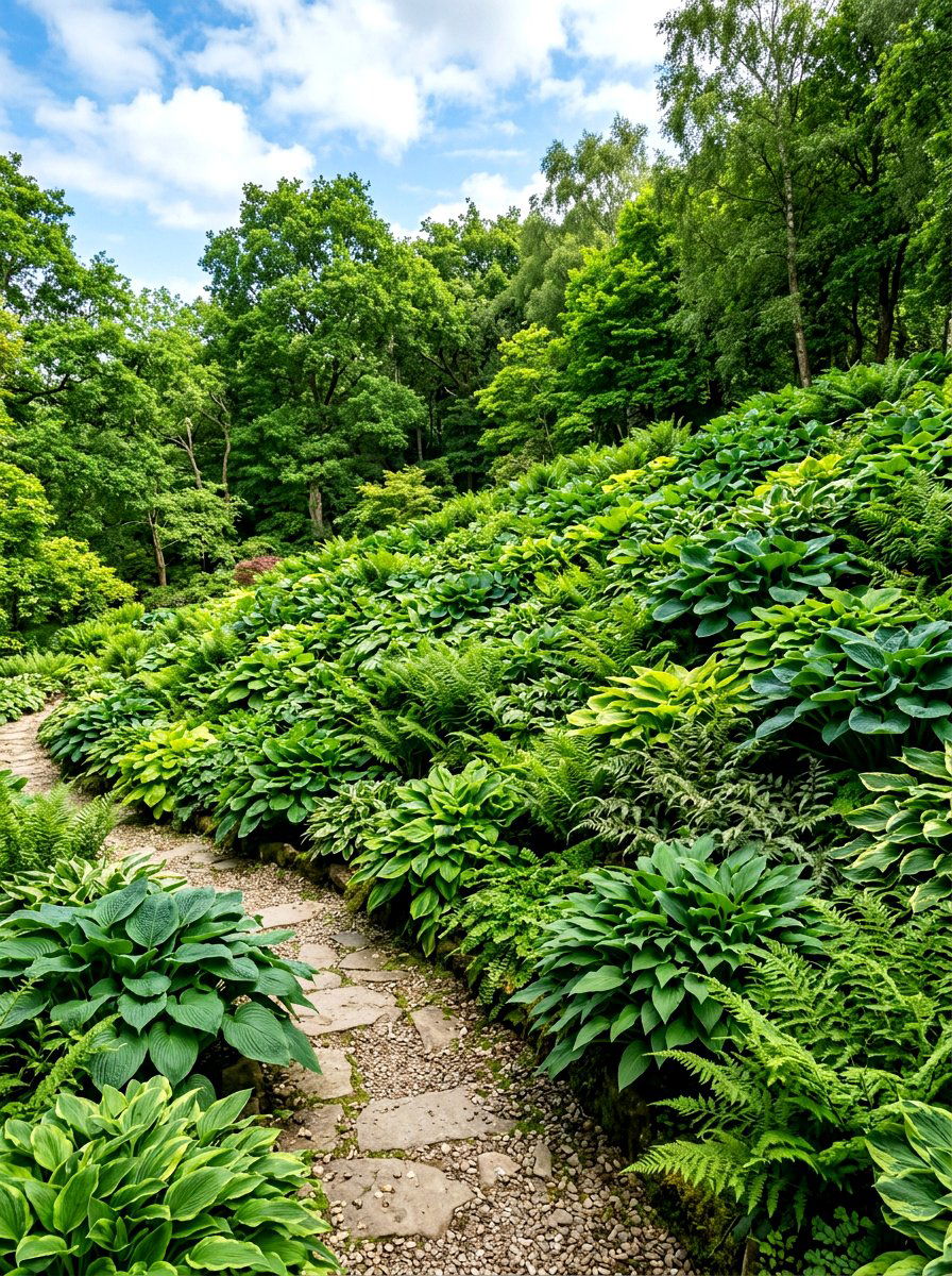 Low maintenance hosta fern slope - 30 hosta and fern garden ideas