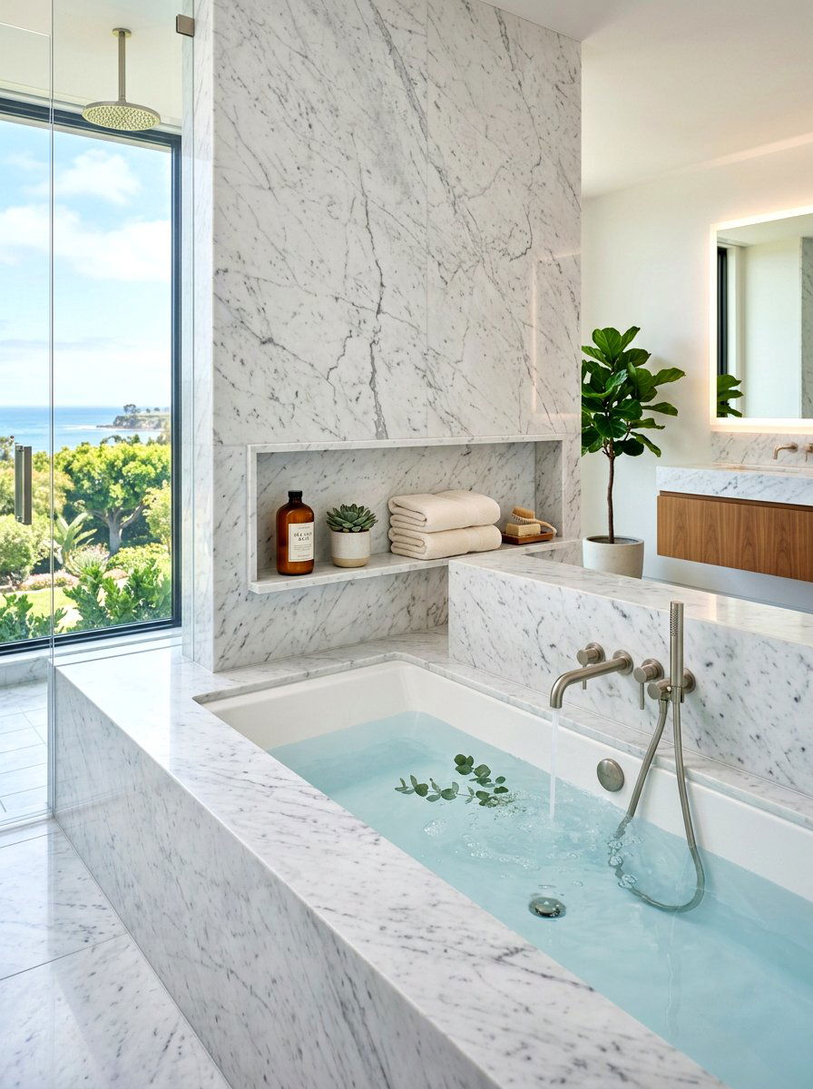 Low profile bathtub ledge - 30 tub niche ideas
