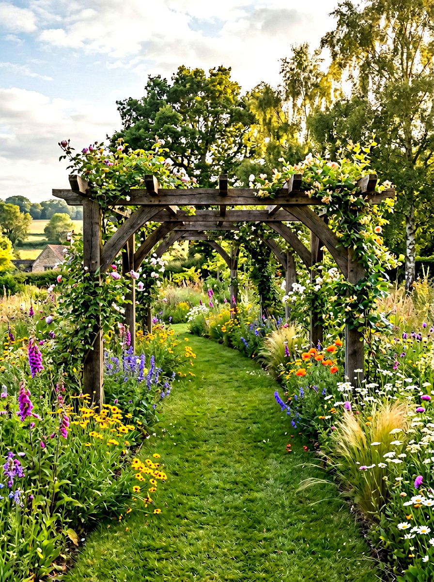 Low profile garden transition pergola - 30 pergola walkway ideas