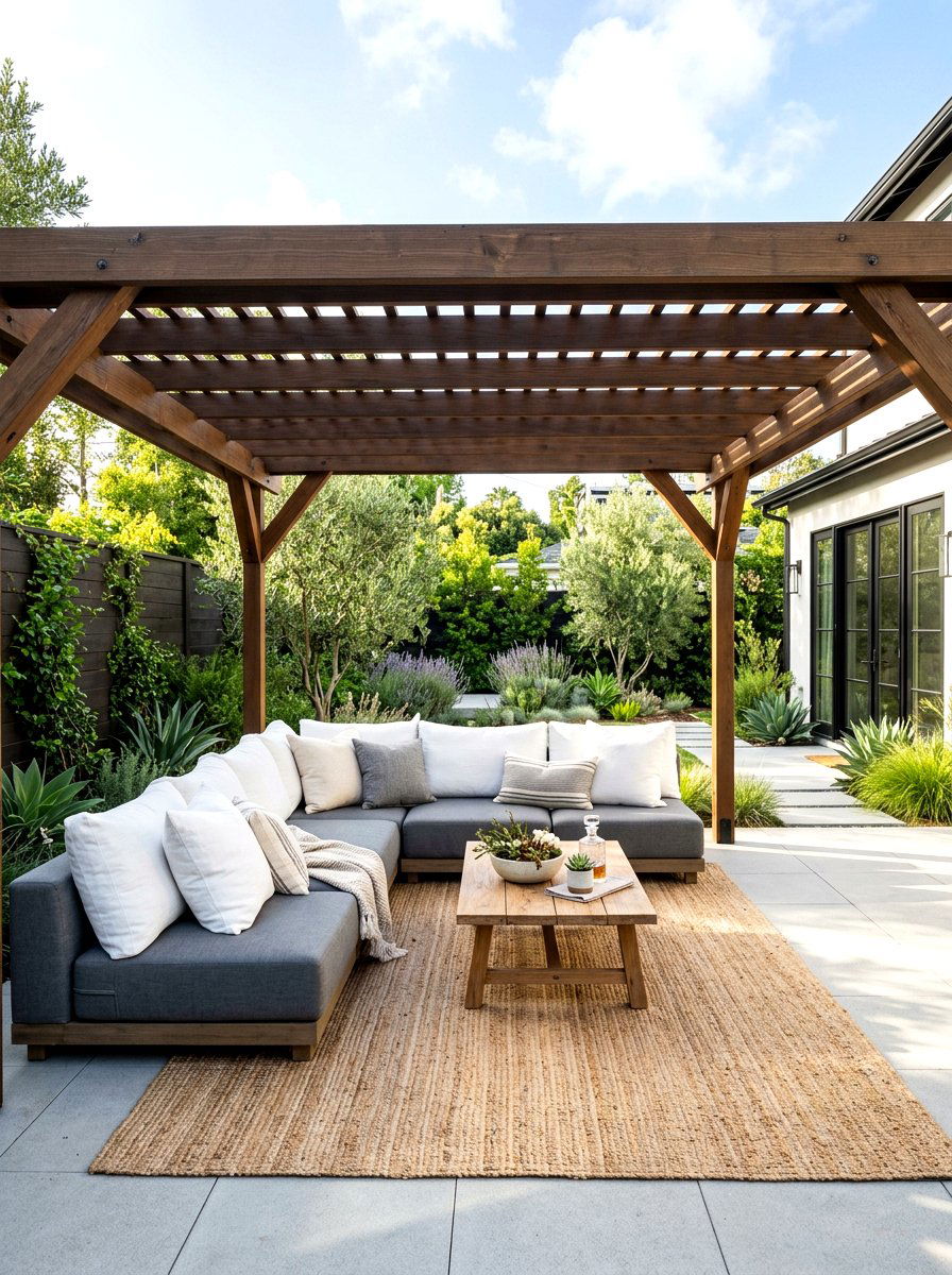 Low profile pergola seating area - 30 open pergola seating ideas