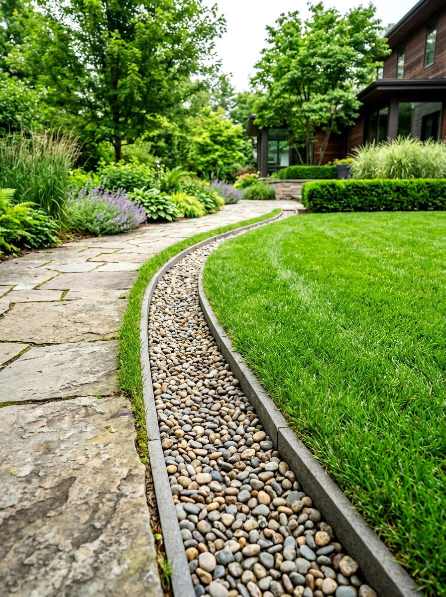 Low profile stone trench - 30 stone edging front yard ideas