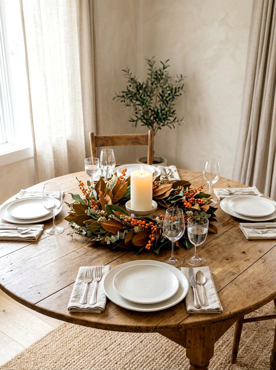 Low profile wreath centerpiece - 30 Thanksgiving brunch table ideas