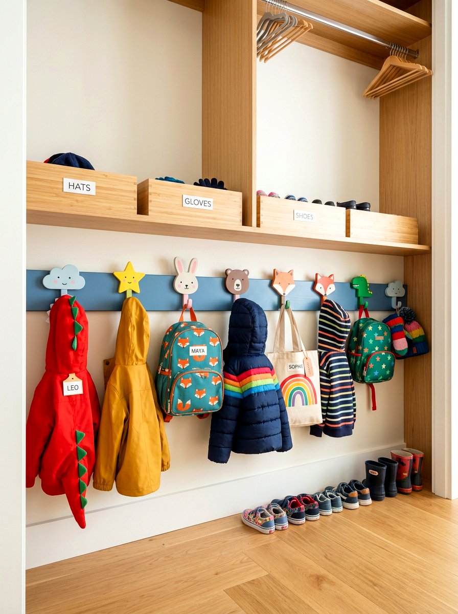 Lower hooks for kids - 30 organizing a coat closet ideas