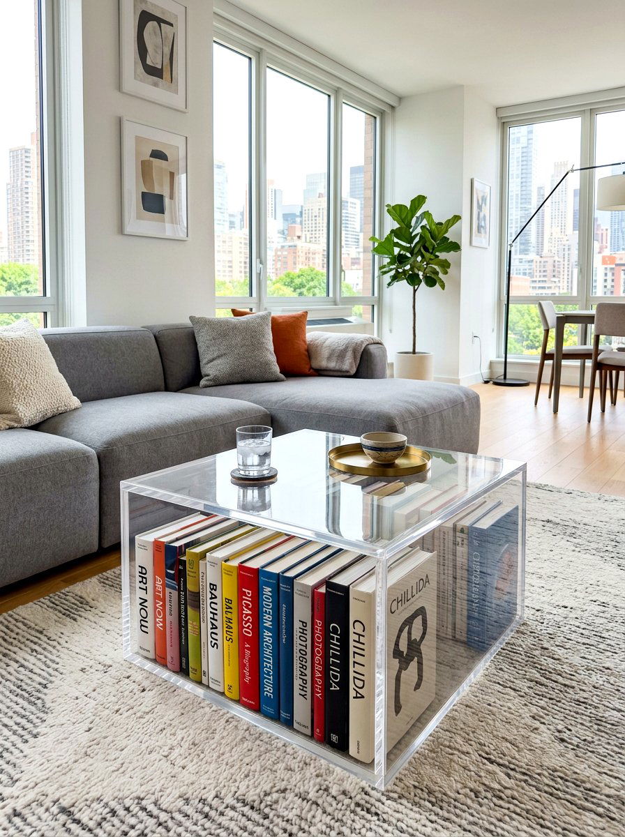 Lucite Case Book Table - 30 stacked book table ideas