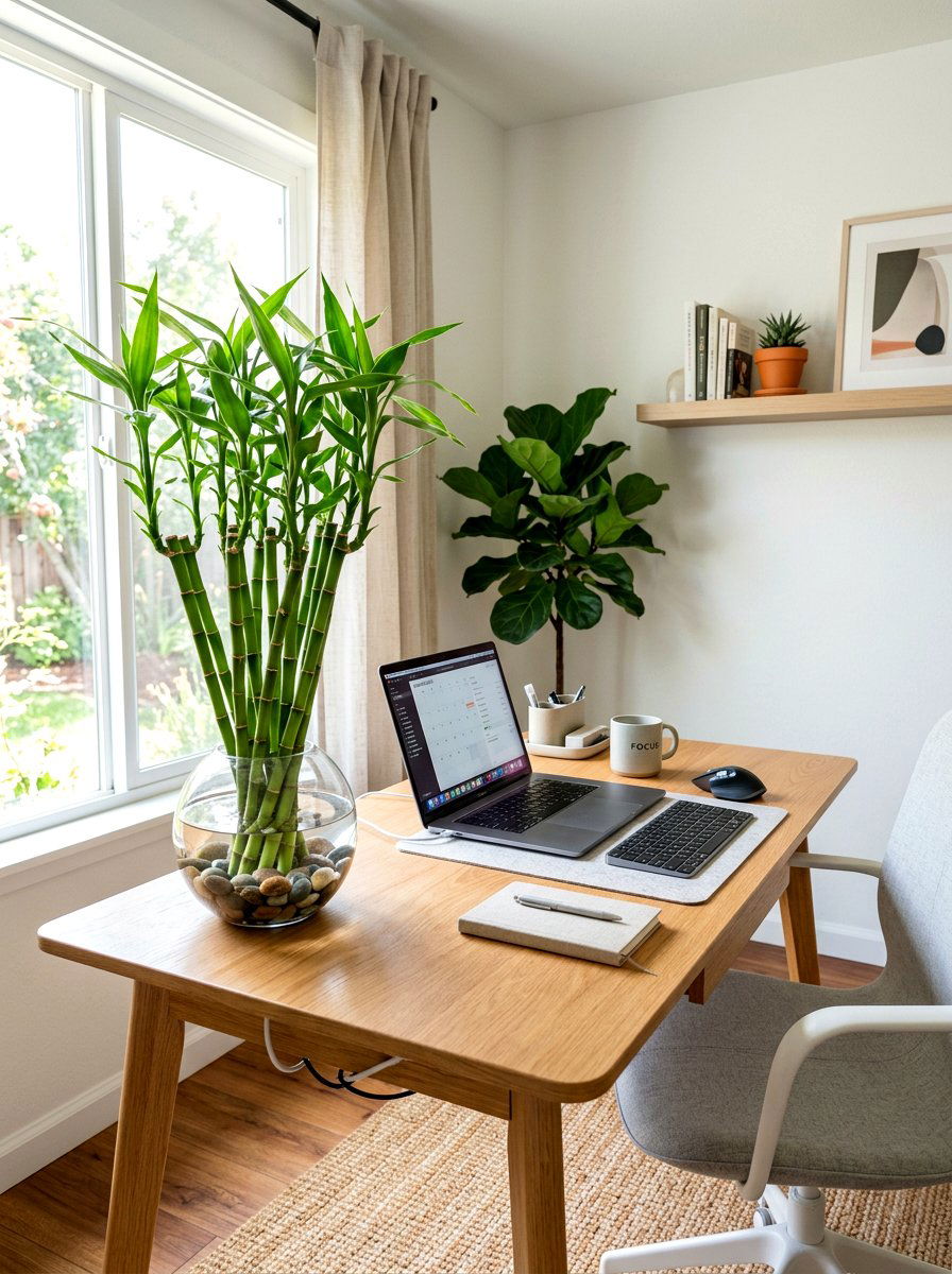 Lucky bamboo desk setup - 30 low light indoor plant decor ideas