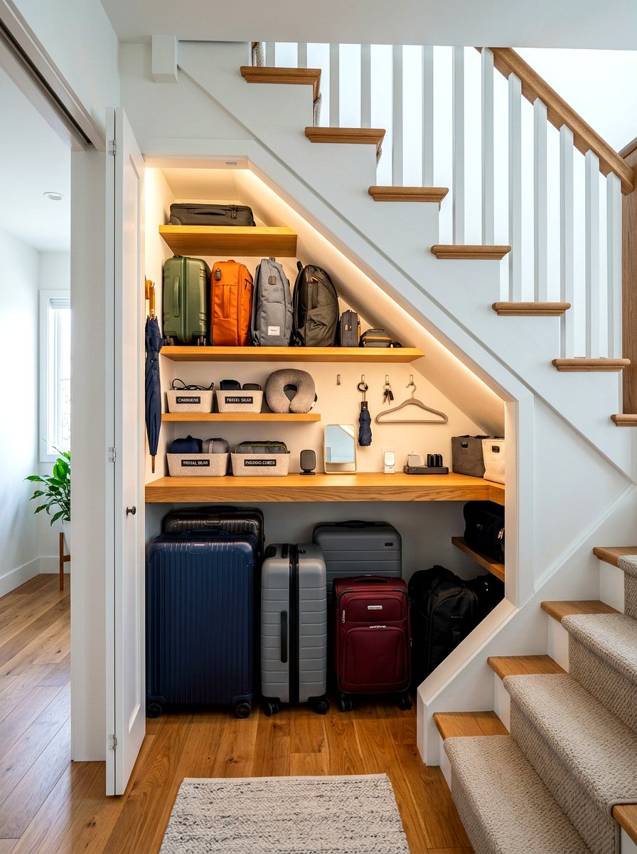 Luggage storage under stairs - 30 under stairs storage ideas