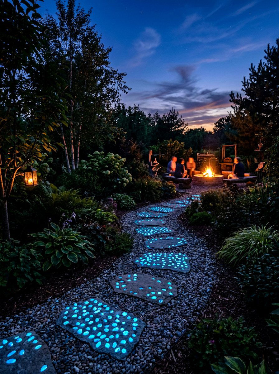 Luminous Night Path - 30 stepping stone backyard path ideas